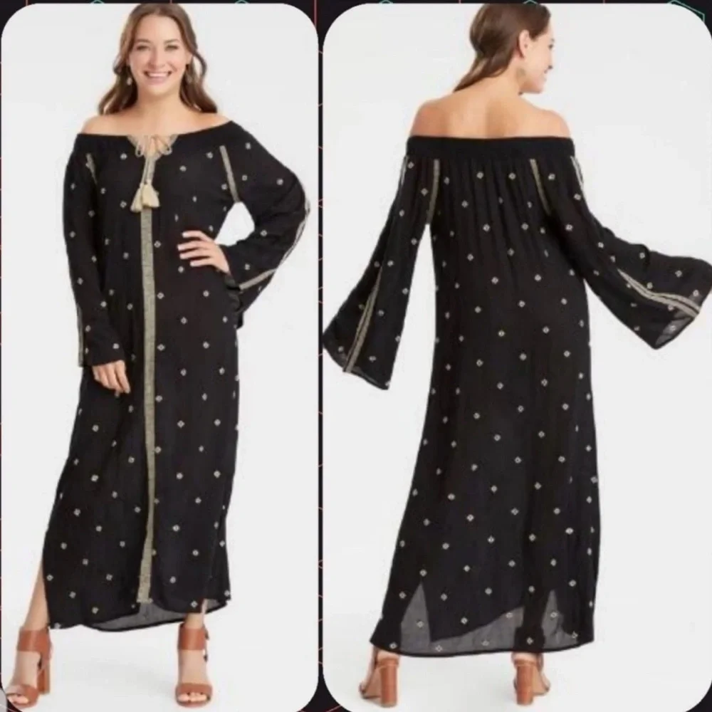 World Market Black Off-the-Shoulder Maxi Dress with Gold Embroidery - Picture 1 of 10